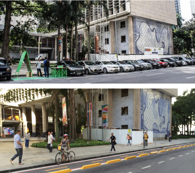 Acima, imagens do antes e depois da implementação da ciclofaixa na Av. Graça Aranha, no centro do Rio de Janeiro, em espaço público antes destinado a estacionamento na via. Fonte: ITDP Brasil.